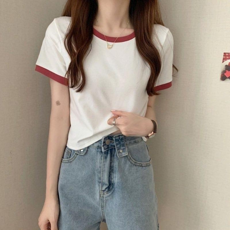 Color Blocking Round Neck Short Sleeved T-shirt for Women's Summer Base Slim Fit Short Student Top Trend Shirt