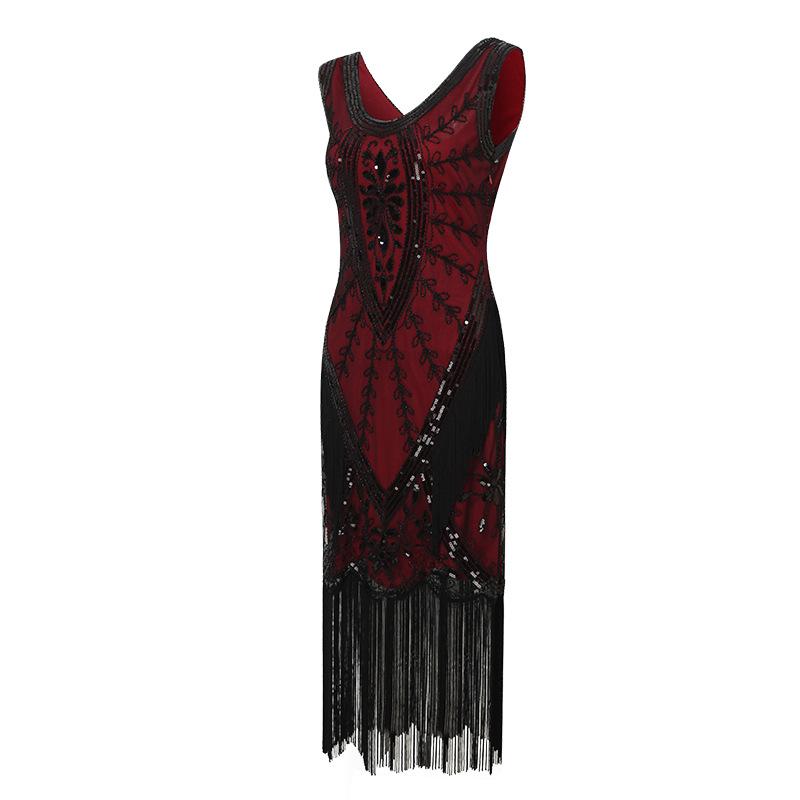1920s Retro Sequin Tassel Plus Size Black Dress, V-Neck Party/Banquet Wear