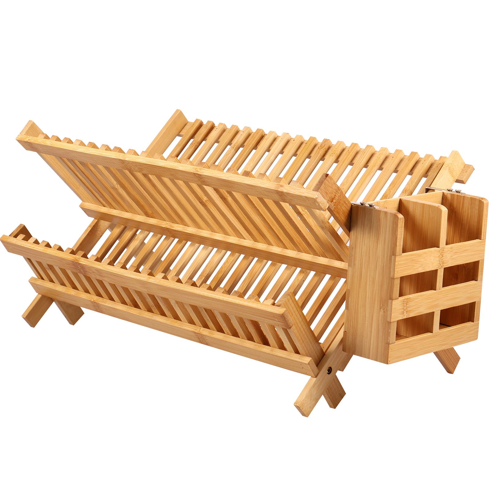 Bamboo Dish Drainer Drying Rack with Utensil Box 20 Slots Double Layer Bowl and Dish Holder Collapsible Dish Plate Storage Rack