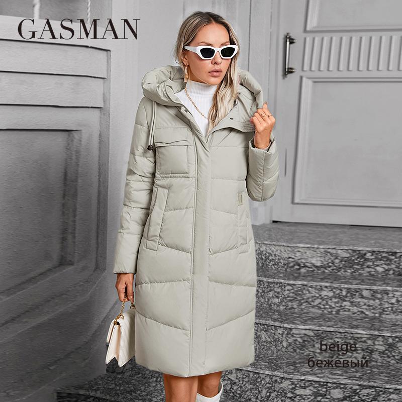 

GASMAN 2024 Женская длинная куртка-пуховик с классическим дизайном на молнии, большим карманом, воротником-стойкой, капюшоном, приталенное пальто, женские парки GM-83511 S бежевый