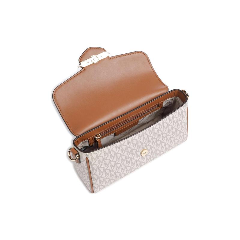 Michael Kors Fleur Solid Color Logo Lock Flap Closure Cowhide Baguette Hand Shoulder Bag Women's Vanilla and Brown
