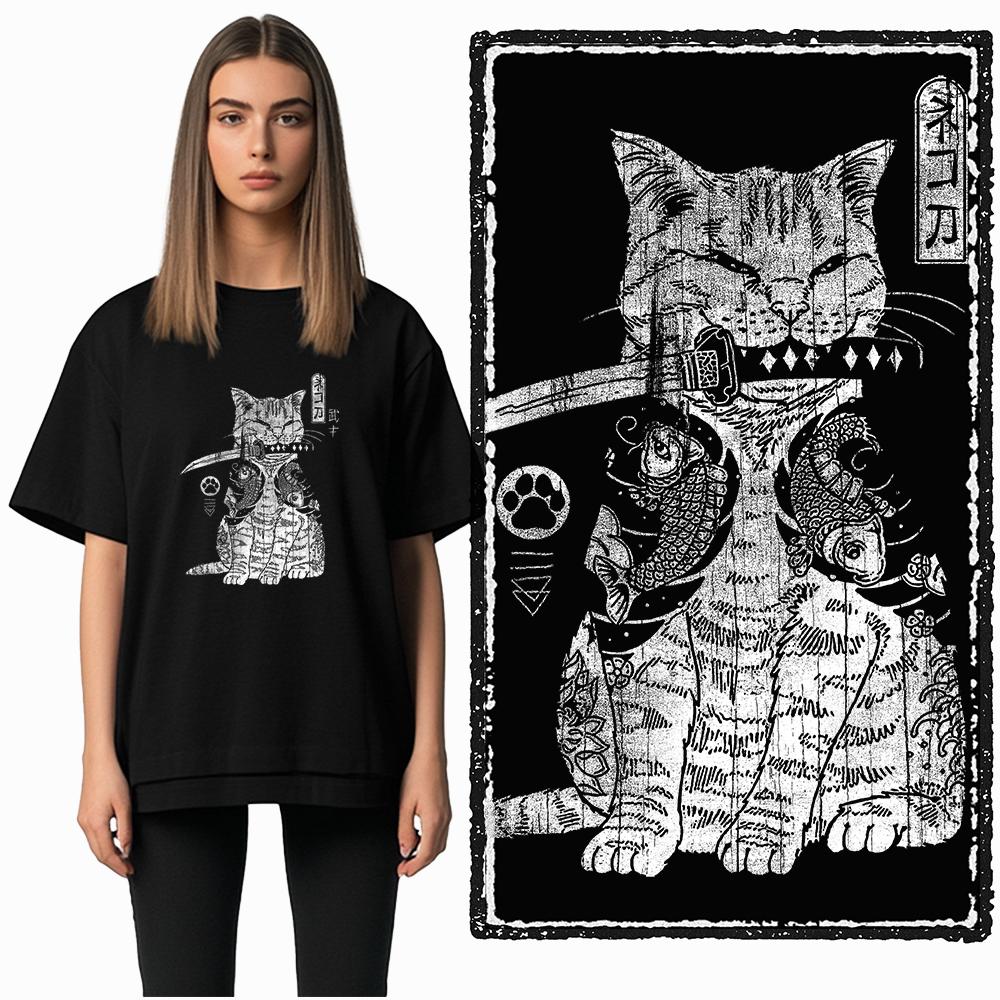 Coolmind DB 100% Baumwolle Katzenprint Exklusiver Grafik Damen T-Shirt Cooles SCHWARZES Damen T-Shirt Übergröße T-Shirt für Damen T-Shirt