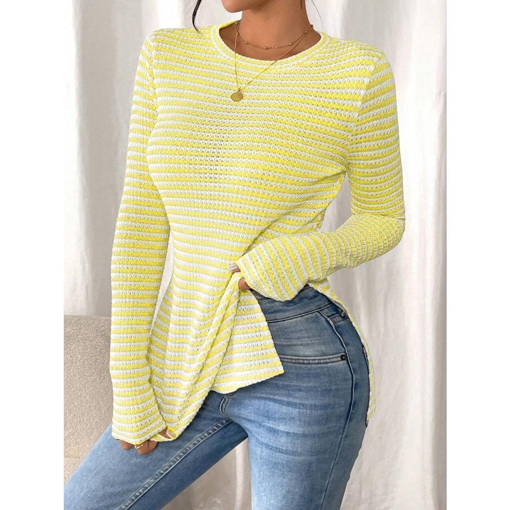 Nowa, swobodna, damska koszula z okrągłym dekoltem i długim rękawem, uniwersalny top z rozcięciem, seksowny T-shirt