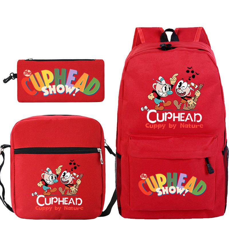 Cartoon Teacup Head Cuphead Student Backpack Oblique Span Bag Pencil Bag Primary And Secondary School Students Children'S Schoolbag Three-Piece Set