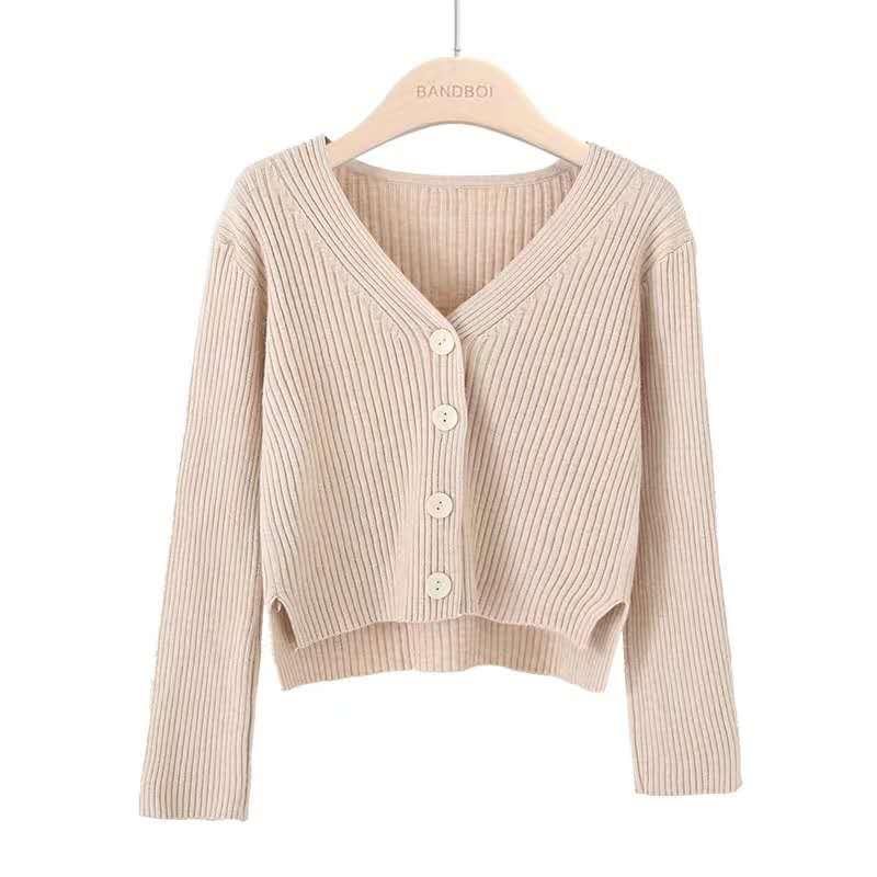 V-neck New Knitted Cardigan Casual Women's Sweater Early Autumn Korean Version Loose Slim Fit Long Sleeved Jacket Short Solid Color Elegant Clothing