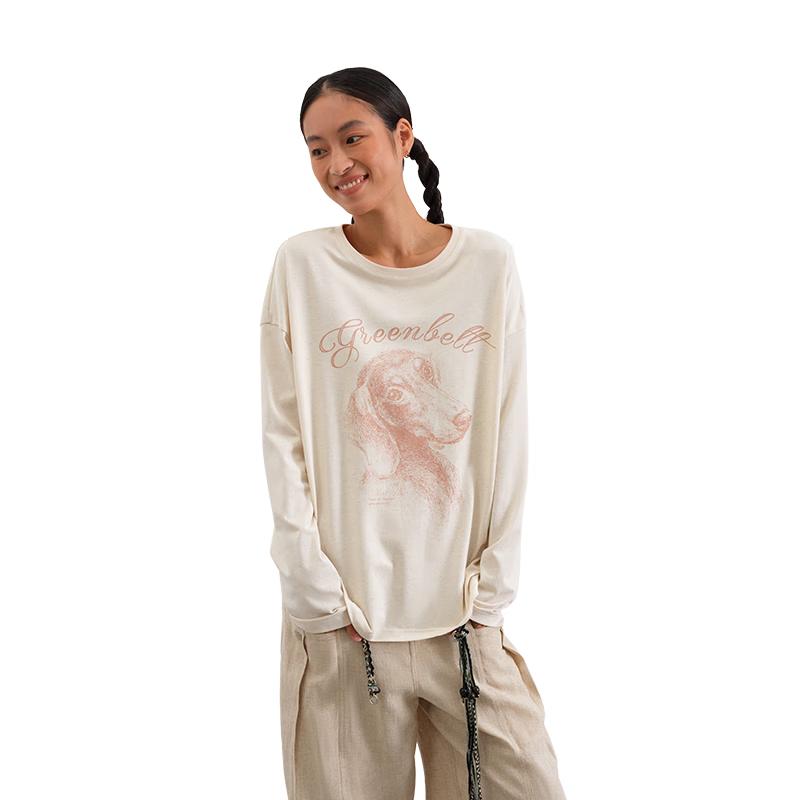 GREEN BELT Women s Puppy Print Long-Sleeve T-Shirt S