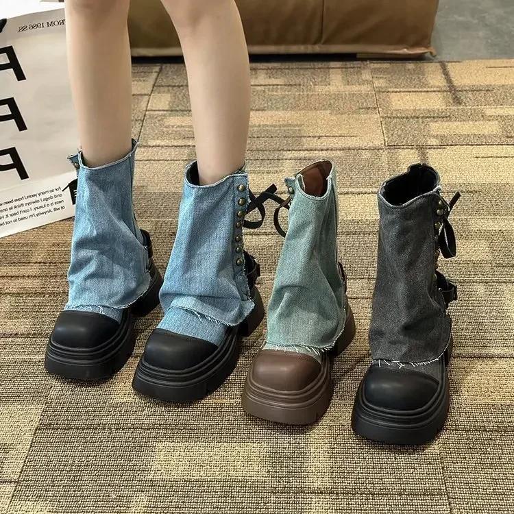Women Ankle Boots Western Denim Short Boots Rivet Ankle Boots Fashion Slip on Thick Bottom Platform Shoes