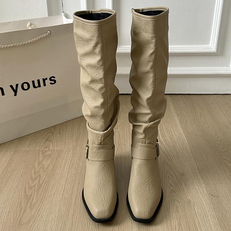

Модные осенне-зимние женские ботфорты с острым носком и плиссировкой, на квадратном каблуке, высокие ботильоны, Zapatos De Mujer 35 хаки