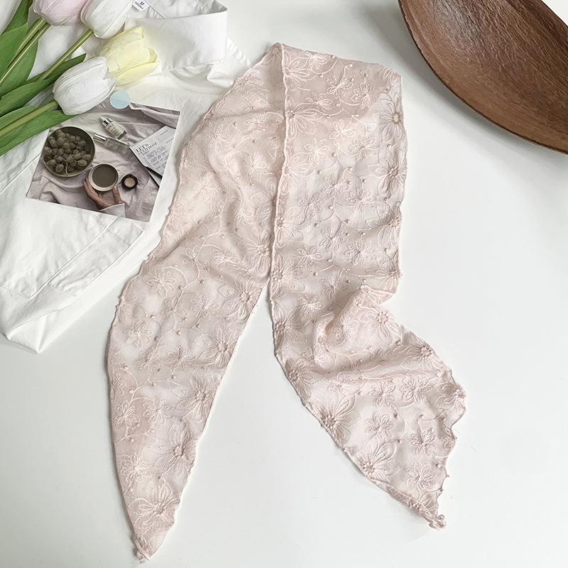 Lace Silk Scarf New Literary Embroidery Silk Scarf High Sense Temperament Small Scarf Headscarf Summer Women Pastoral Headband Hair Accessories