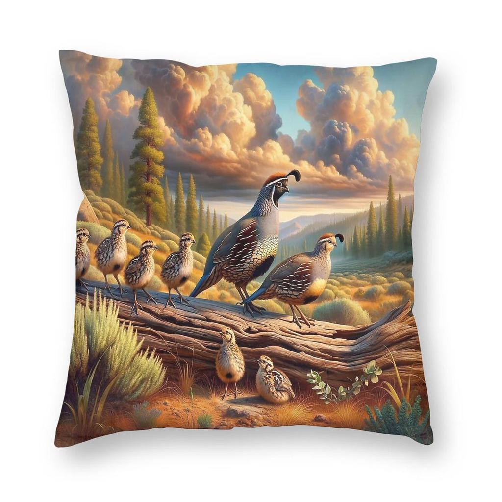 California New World Quail Family Square Pillowcase Polyester Linen Velvet Zip Decorative Pillow Case Sofa Seater Cushion Cover