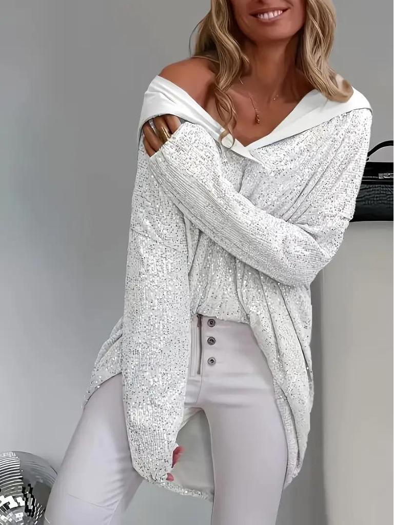 Women's Elegant Sequin Beaded Loose-Fit Hooded Pullover Sweatshirt