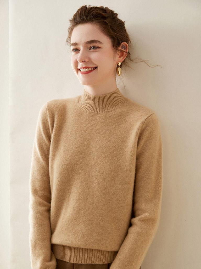 Women's Classic Cashmere Half-High Neck Knit Sweater - Thick, Warm, and Loose Fitting Base Layer Top