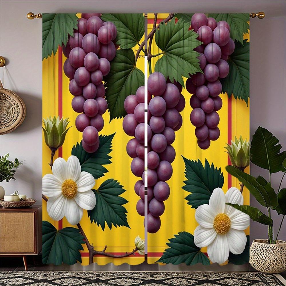 

Set Of 2 Hd Digital Printed Curtain Bouquet Series Three Purple Grapes Yellow Background Green Leaves Two White Polyester W100*H70(CM)-Rod Pocket&2PCS