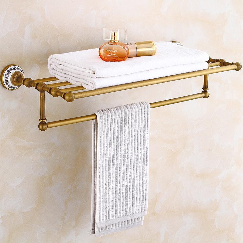 European Antique Brass Double Towel Bar & Shelf Set