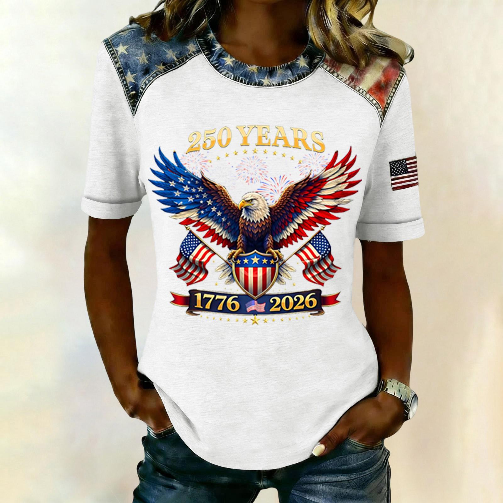 

Women s Casual Short Sleeve T-Shirt American Eagle Graphic Print Patriotic Top 1776-2026 Anniversary Commemorative Tee XL білий