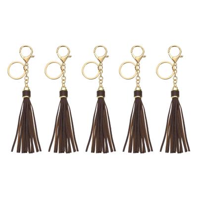 Uxcell 5-Piece Set of Leather Keychain Tassels for Women, Lobster Buckle Key Rings for Handbags, Wallets, DIY Crafts, Dark Coffee