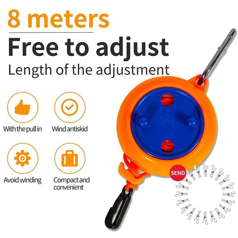 8M Clothesline Laundry Drying Rope Retractable Clothesline Outdoor Washing Drying Line with 20 Windproof Clothespins 10 Stoppers