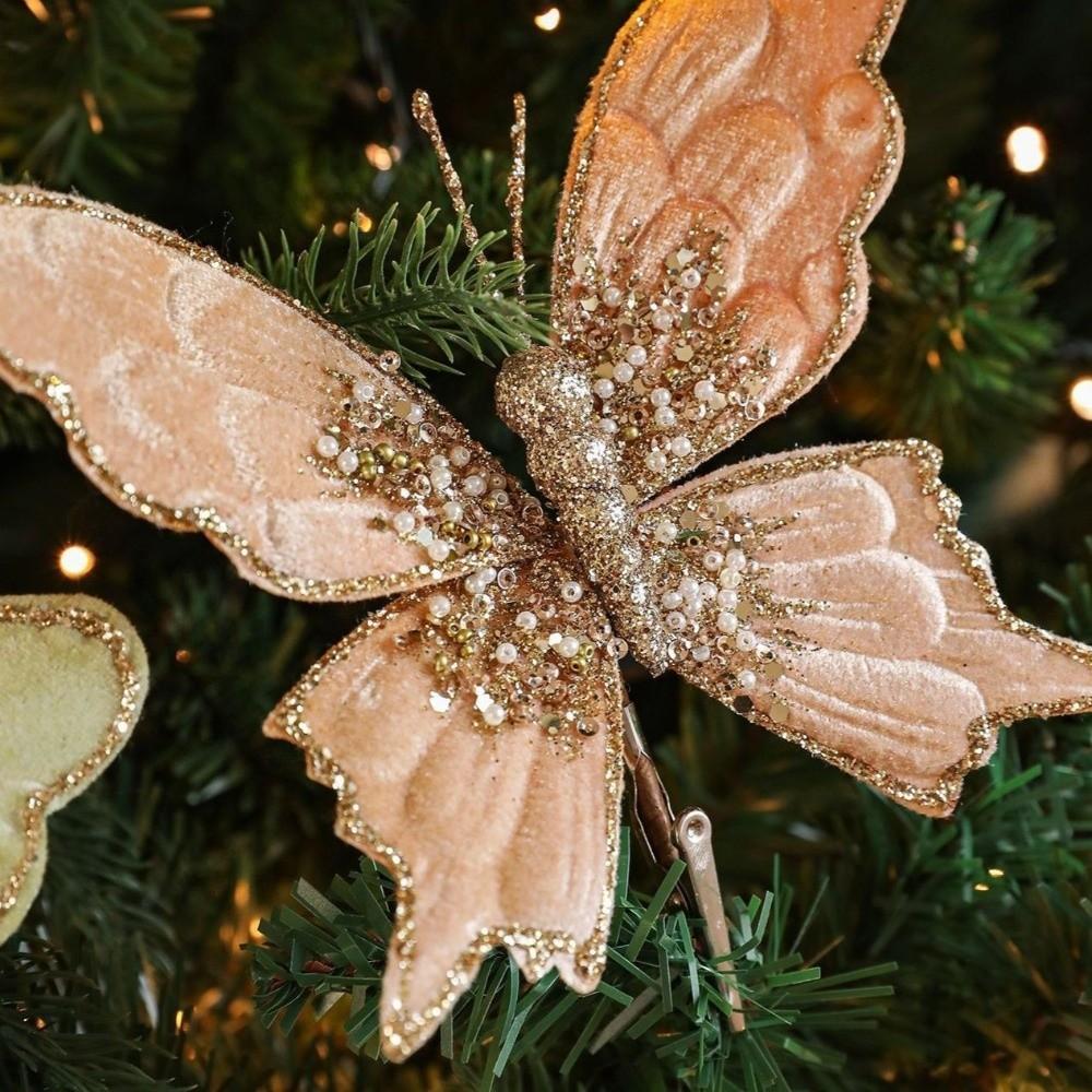 Glitter Butterfly Christmas Flower Sequins Exquisite Artificial Butterfly Clip Flocking Simulated Christmas Tree Decoration