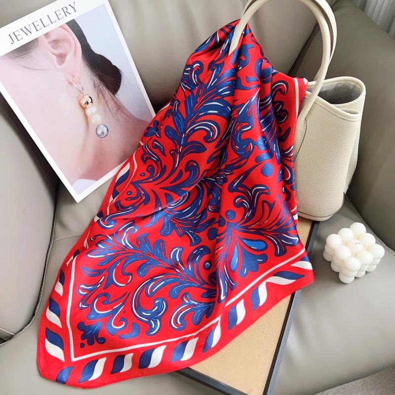 Summer Colorblock Wave Pattern Silk Square Scarf, 70cm, Versatile Korean Style Shawl for Women. 70cm x 70cm