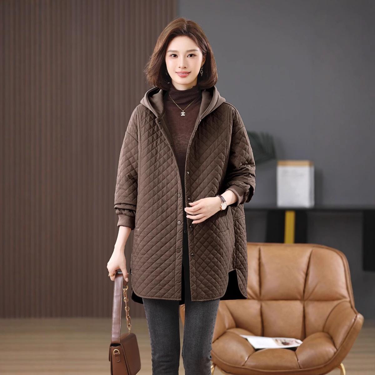 

Женское зимнее хлопковое пальто средней длины с капюшоном 2024 – Повседневная свободная теплая куртка L (suggested for 115-130 jin) кофейный