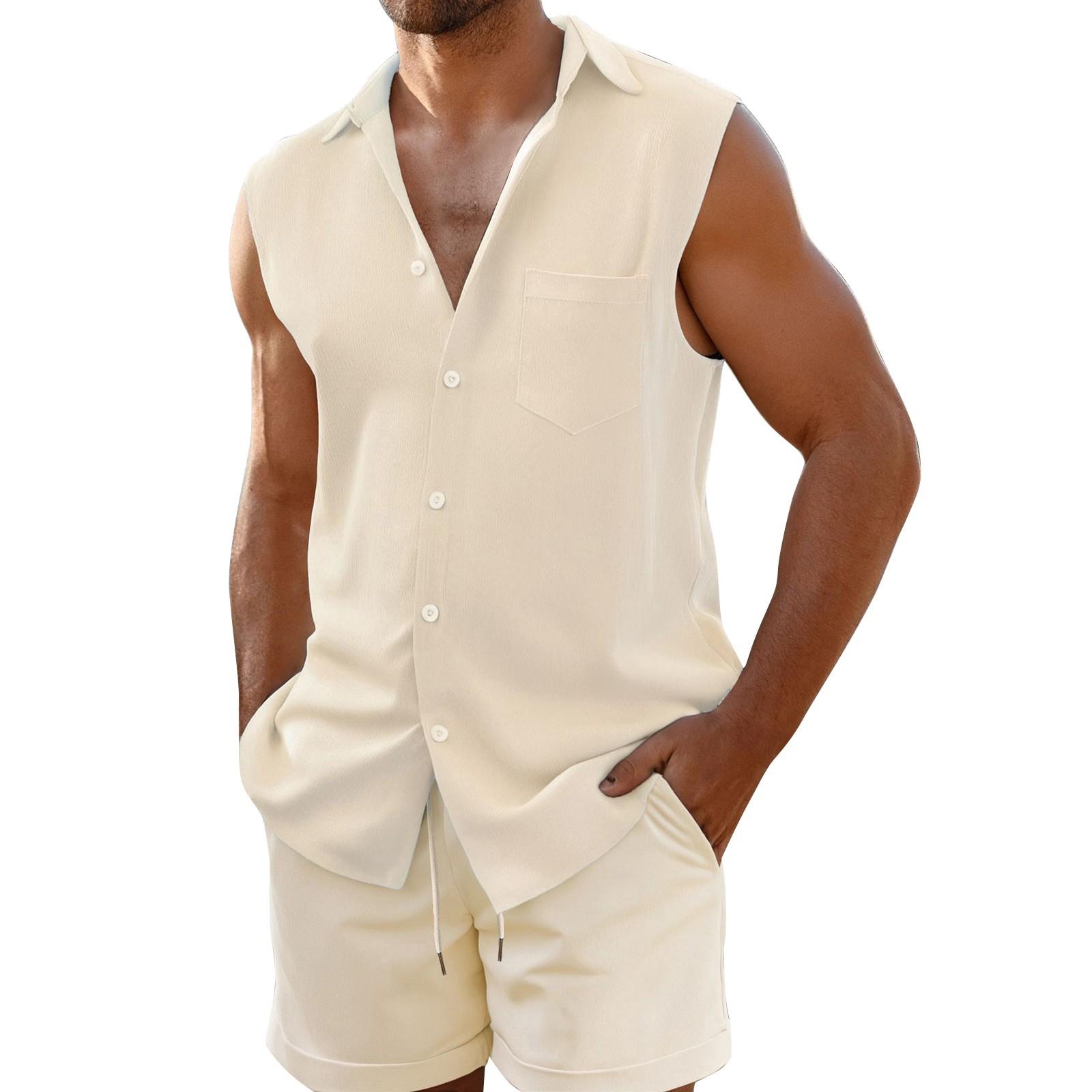 

Мужской летний однотонный дышащий свободный комплект из рубашки без рукавов с пуговицами и шортами XXXL бежевый