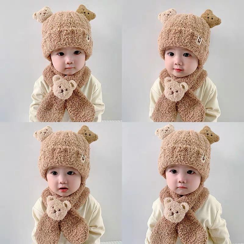 Bear Plush Baby Hat Autumn and Winter Baby Hat Scarf Integrated Two-piece Set Children's Thermal Ear Protection Hat Super Cute