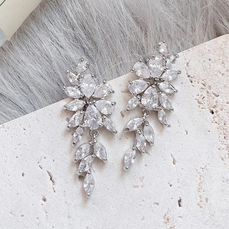 Elegant Zircon Leaf Tassel Earrings for Women - Stylish European & American Design