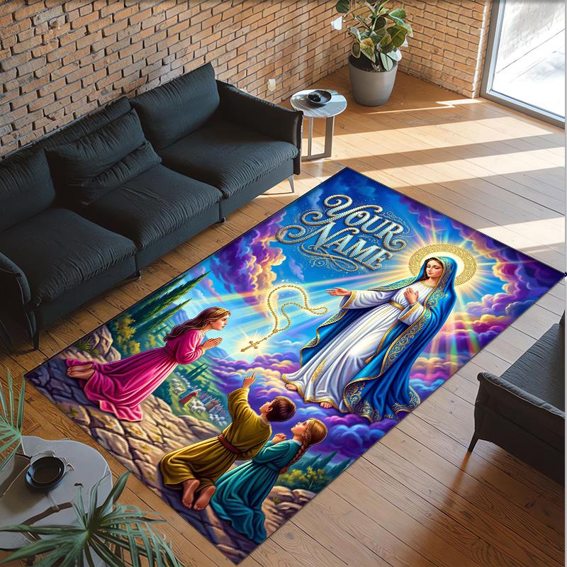 Virgin Mary Theme Crystal Velvet Rug Personalized Custom Name Text Soft Floor Mat Home Decor
