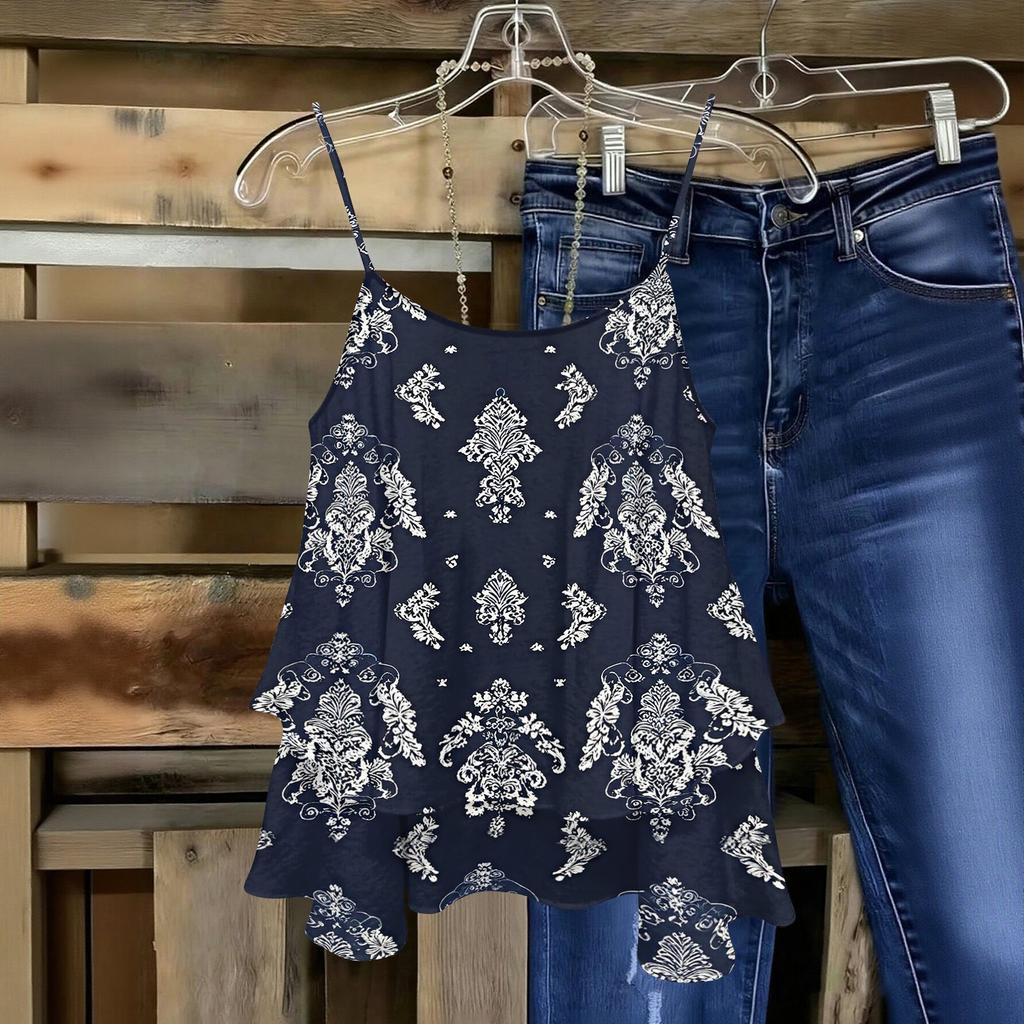 Women Sleeveless Double Layer Camisole Top Geometric Print Spaghetti Strap Summer Blouse Casual Lightweight Tank