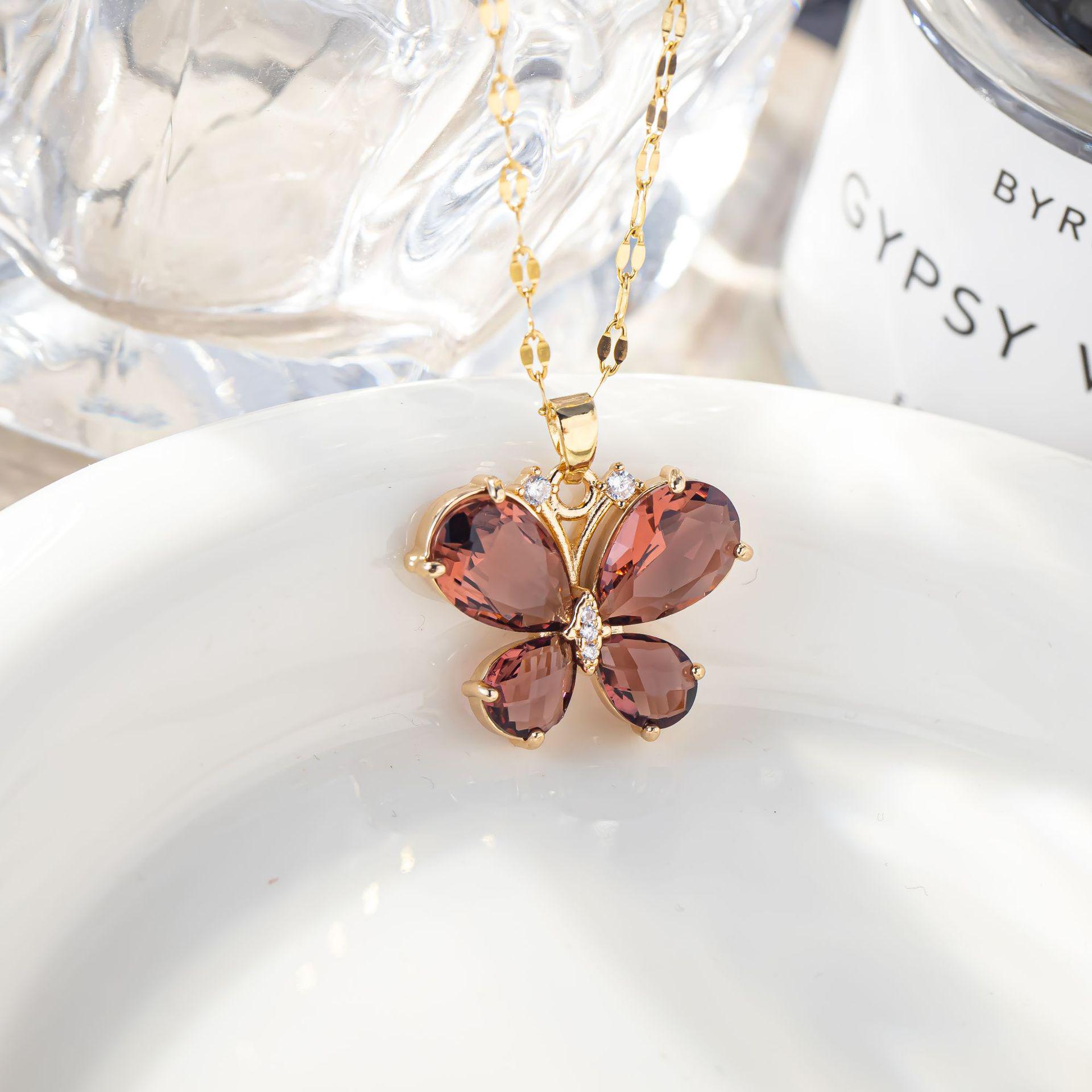 Versatile Crystal Butterfly Necklace: European-American Fashion with Transparent Colored Stones