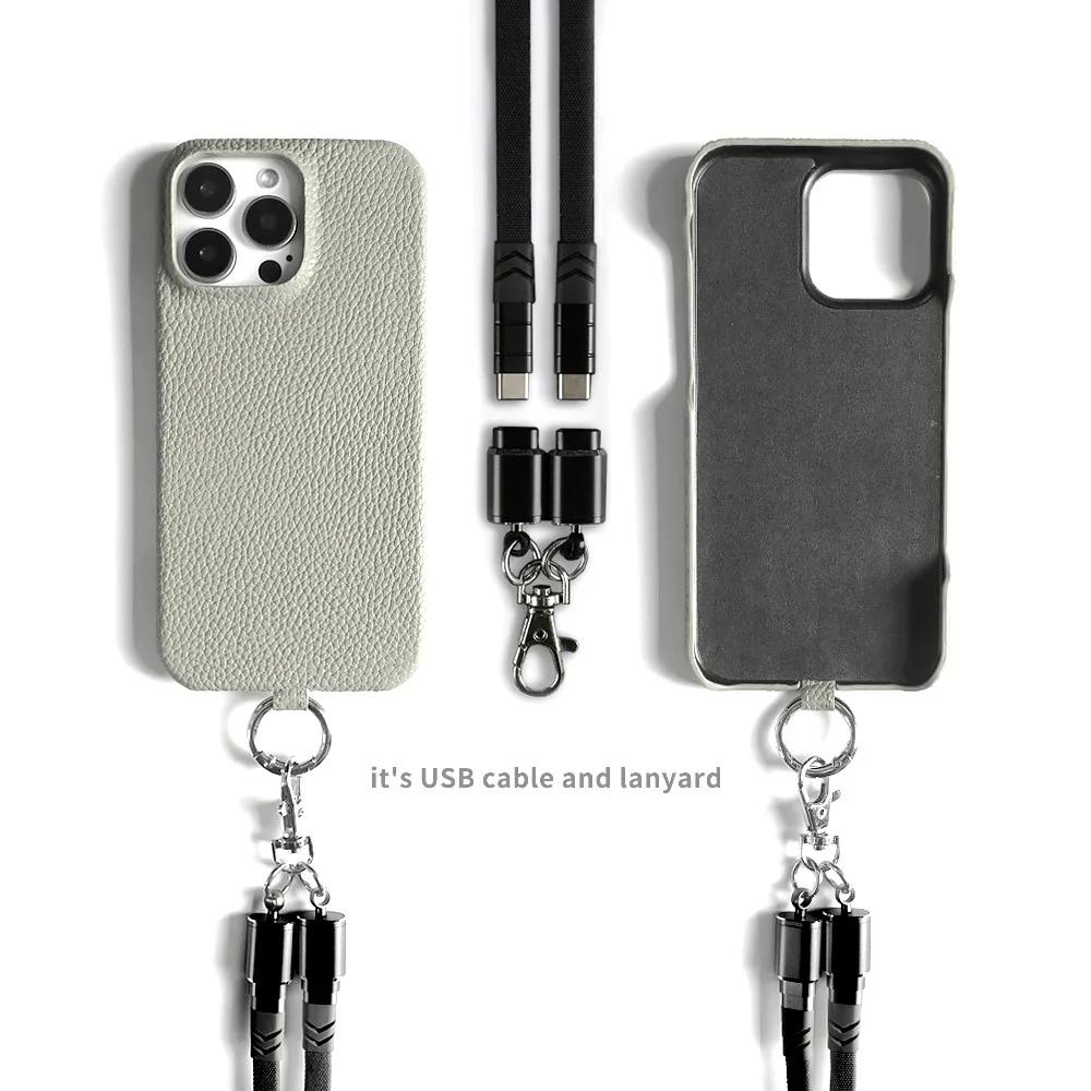 

Чохол для телефону з натуральної шкіри з можливістю налаштування та шнурком для заряджання для чохлів iPhone 16 Pro Max 15 14 13 12 11 Магнітна кришка Fundas For iPhone 13 Pro&Genuine leather