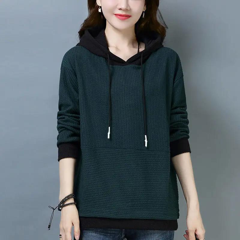 Spring  Women Sweater Pullover  Fashion Color Blocked Hooded Long Sleeved Knitted Sweater   Tops