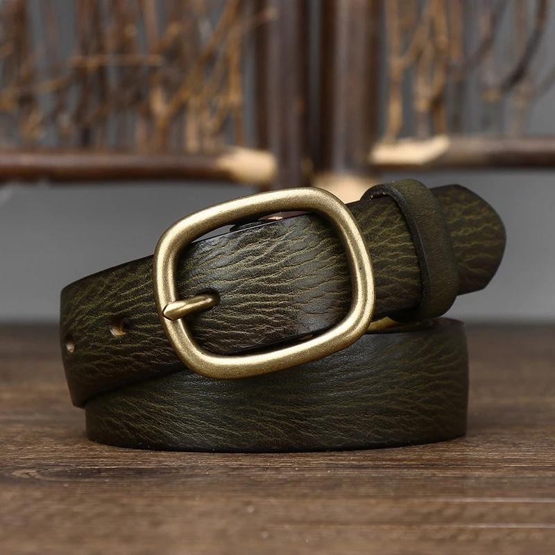 

2.8cm Retro Female Real Thick Genuine Leather Belt Copper Pin Buckle Women Cowskin Jeans Belt Girl Simple Ladies Waist Strap 95cm зелёный