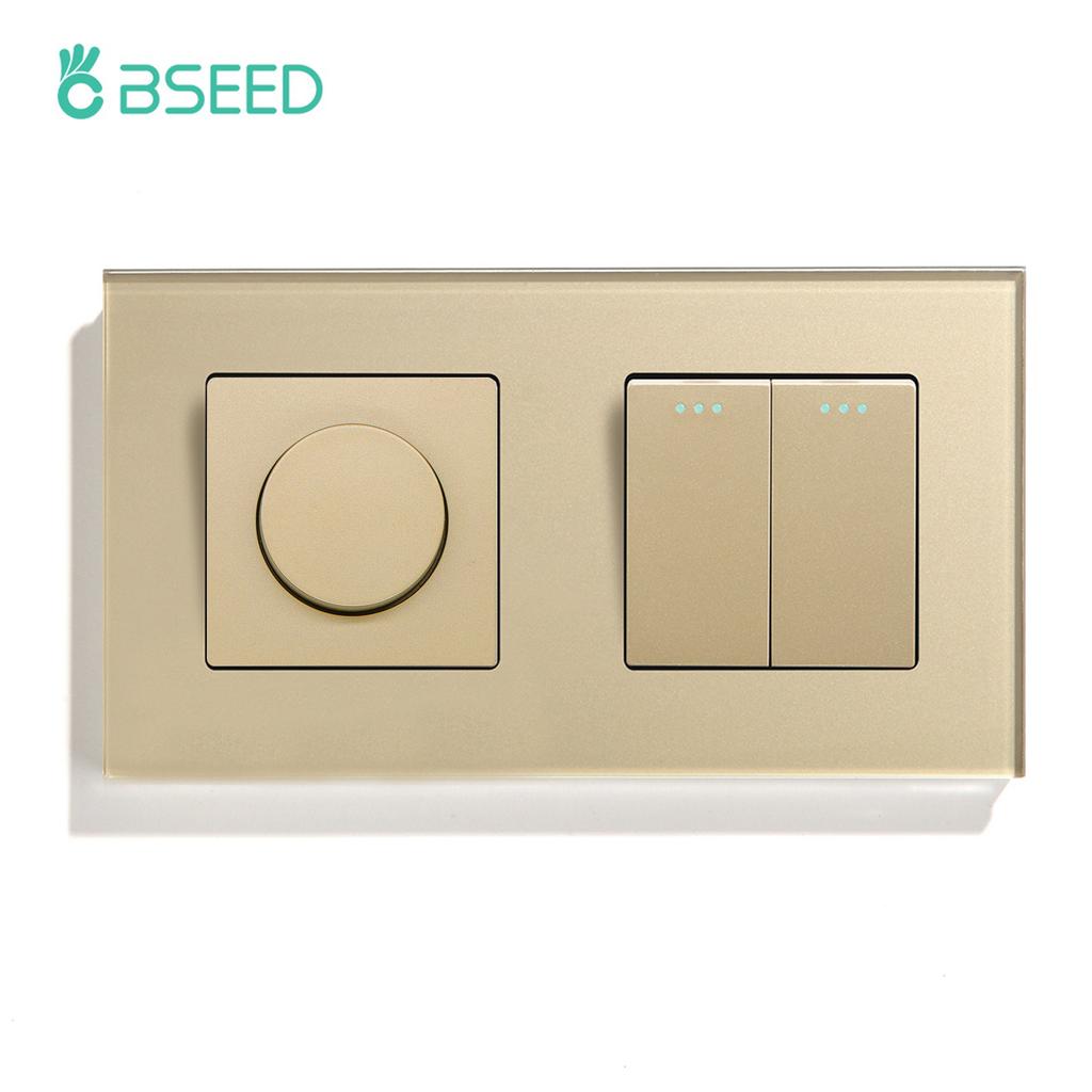 BSEED Mechanical Dimmer Fan Switch With 1/2/3Gang Wall Light Switches EU Socket USB Type-c Power Ports  2.1A Glass Panel