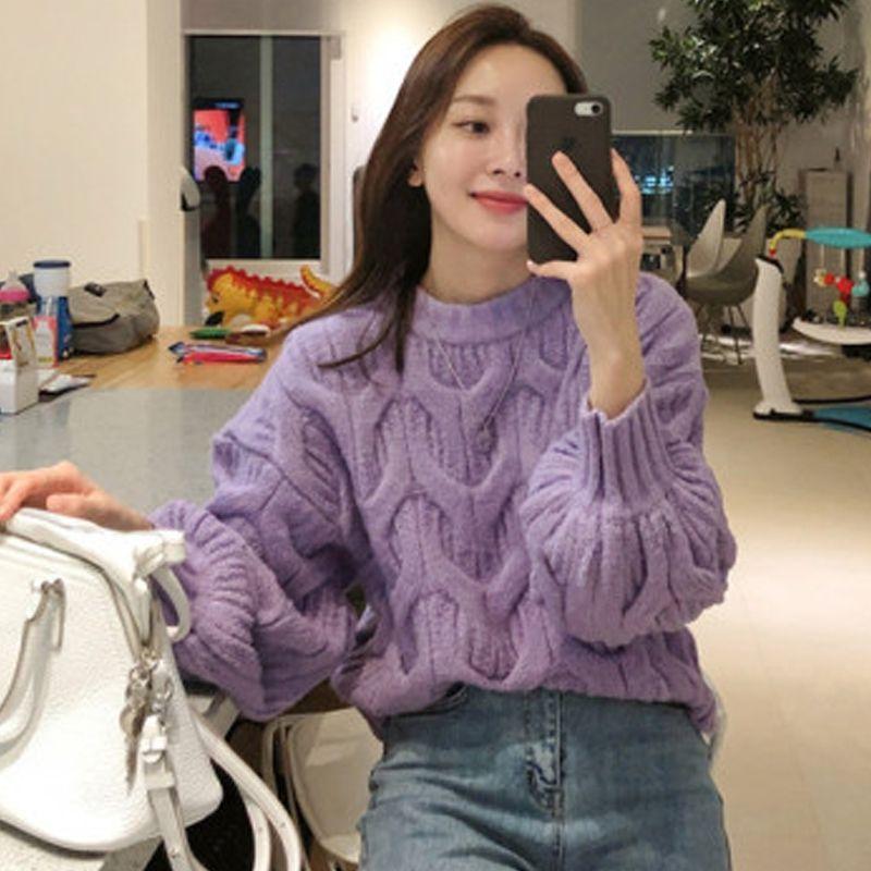 Lantern Sleeves Round Neck Twist Sweater Female Daily Casual Autumn and Winter Korean Version of Loose Thickened Twist Pullover Knitted Sweaters