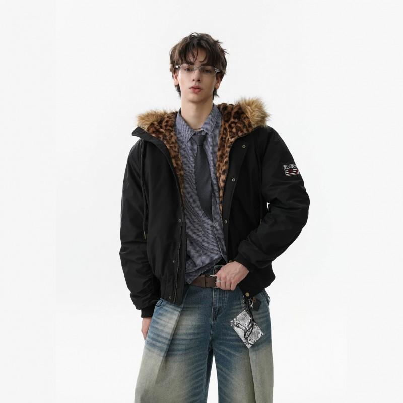 Unisex Winter Hooded Cotton Puffer Jacket With Leopard Faux Fur Trim Oversized Fit Warm Thick Lining Cold Weather