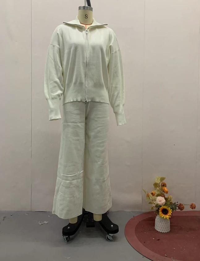 Women's Casual High Neck Zip-Up Top with Wide Leg Pants Set, Elegant Loungewear Outfit