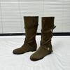 5 Cm Heightened Belt Buckle Maillard Boots Women's 2025 New Retro Round Head Pleated Suede Knight Boots