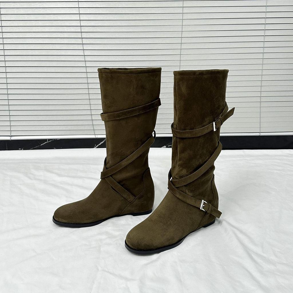 5 Cm Heightened Belt Buckle Maillard Boots Women's 2025 New Retro Round Head Pleated Suede Knight Boots