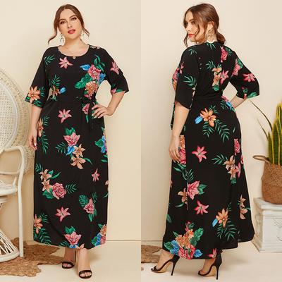 Women Fashion Floral Print Bandage Short Sleeve Loose Plus Size Long Dress