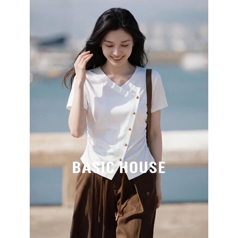 Basic House Women s V-Neck Irregular Hem Short Sleeve T-Shirt M