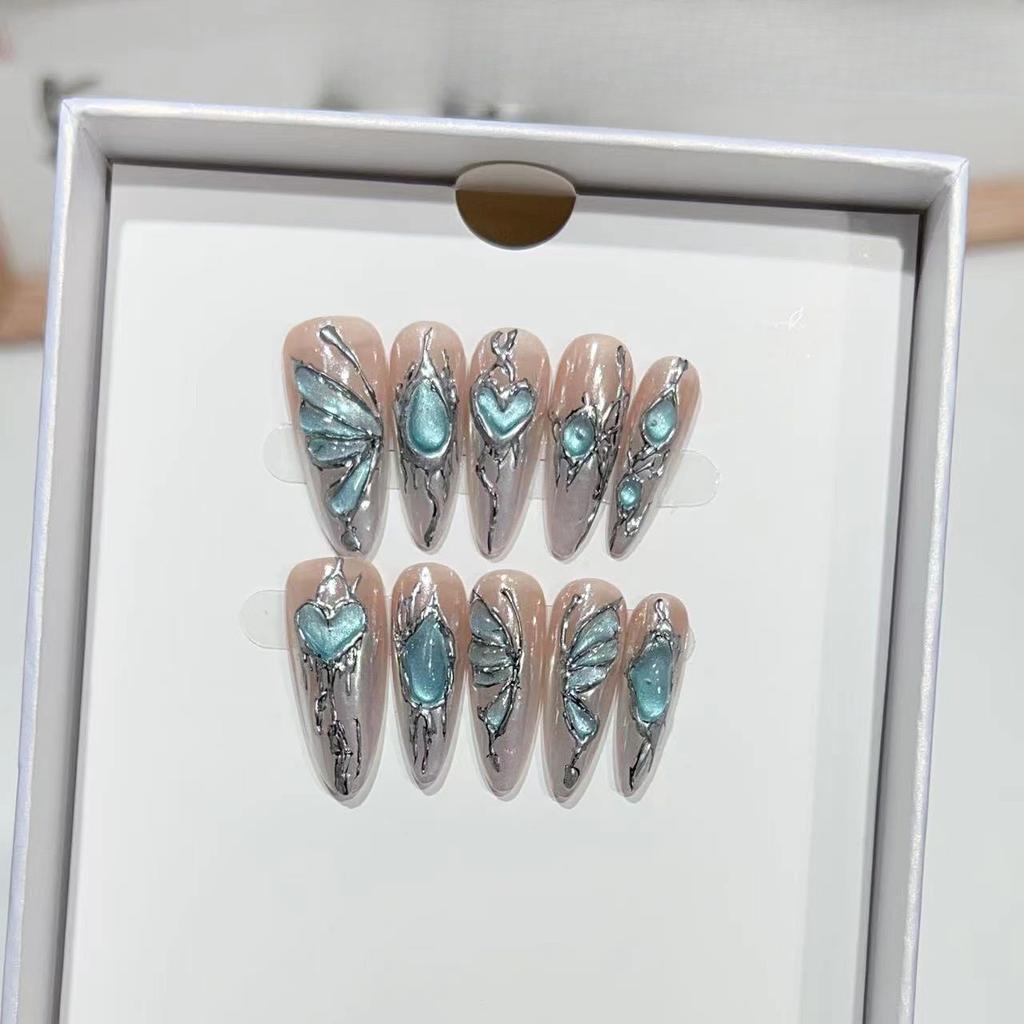 Hand-painted Armor Hand-painted Tibetan Silver Sapphire Textured Manicure Fake Nail Patch Can Be Detached