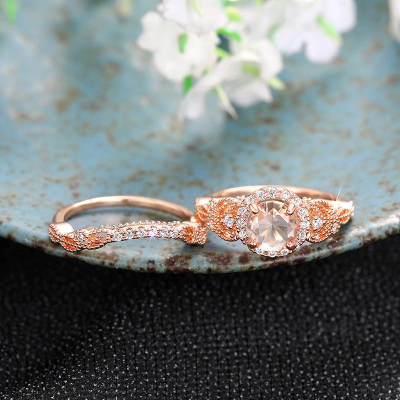 Huitan Luxury Rose Gold Color 2Pcs Rings Set for Women Champagne Cubic Zirconia Elegant Lady's Accessories Wedding Party Jewelry