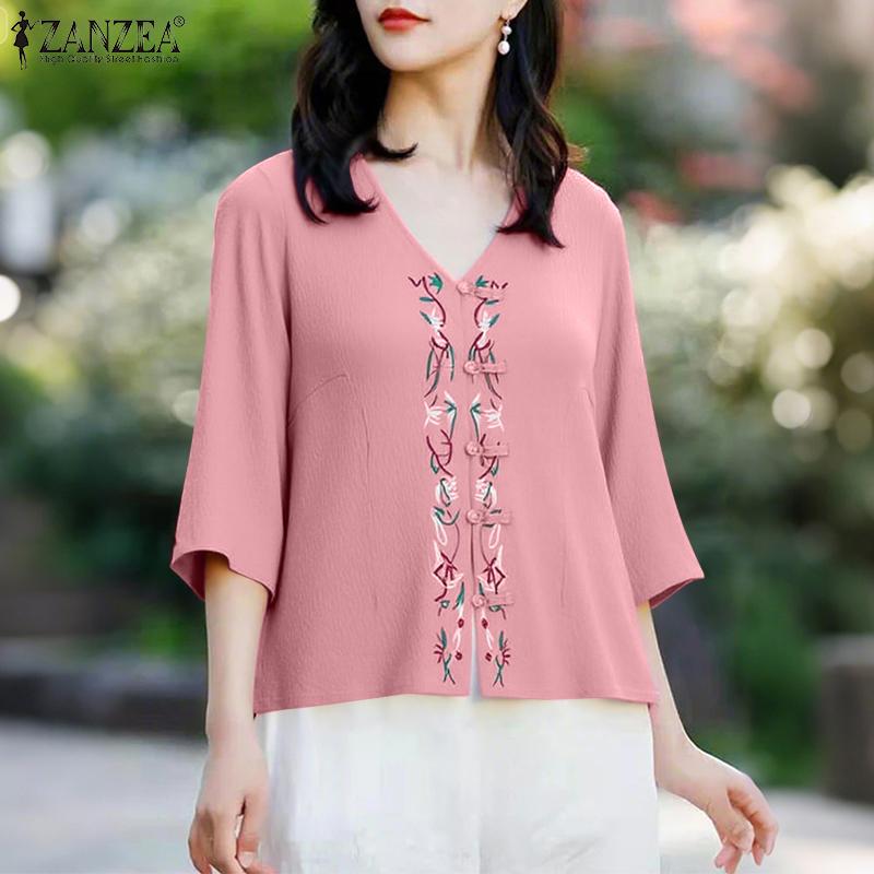 ZANZEA Women Summer V-Neck 3/4 Sleeve Casual Embroidery Blouse