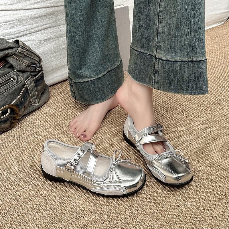 Retro Silver Mary Jane Shoes Women's Summer New Niche Bow Ballet Shoes Women's Single Shoes