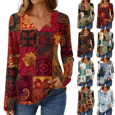 Women's Casual Fashion Brushed Retro Floral Print Long Sleeve V-Neck Top T-Shirt