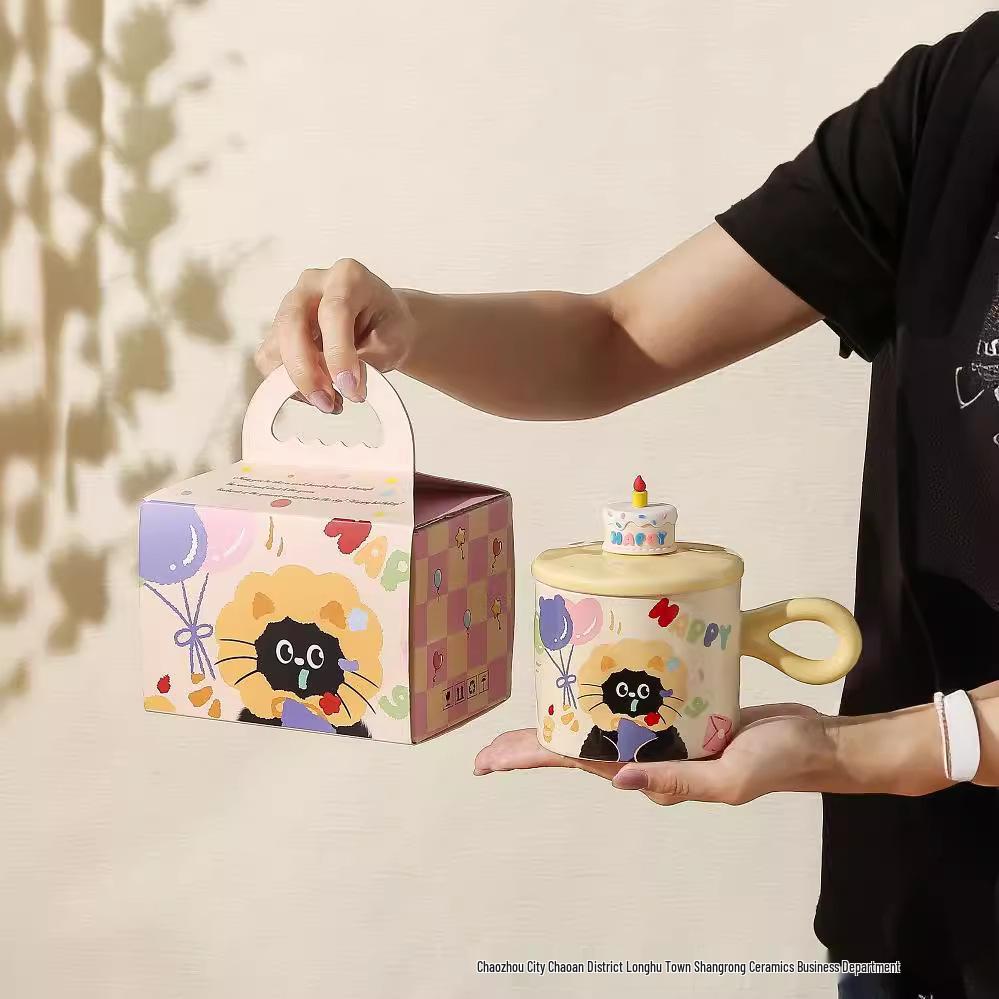 Birthday Cat Ceramic Mug - Cute Cake Design Coffee Cup Souvenir Gift