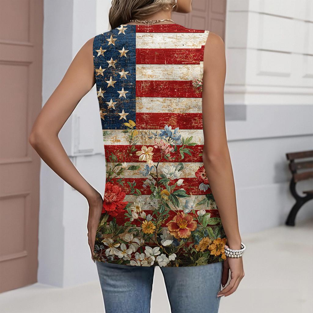 Women's Fashion Casual American Independence Day Flag and Stars Print V-neck Ruffled Sleeveless Vest T-shirt Top