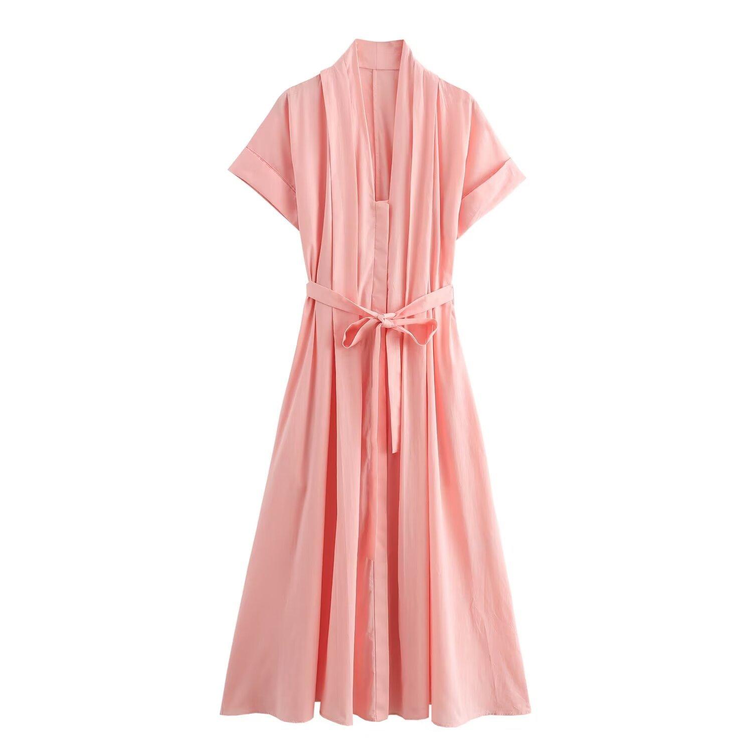 

Бавовняна літня сукня з короткими рукавами у французькому стилі з поясом, елегантна спідниця середньої довжини L рожевий