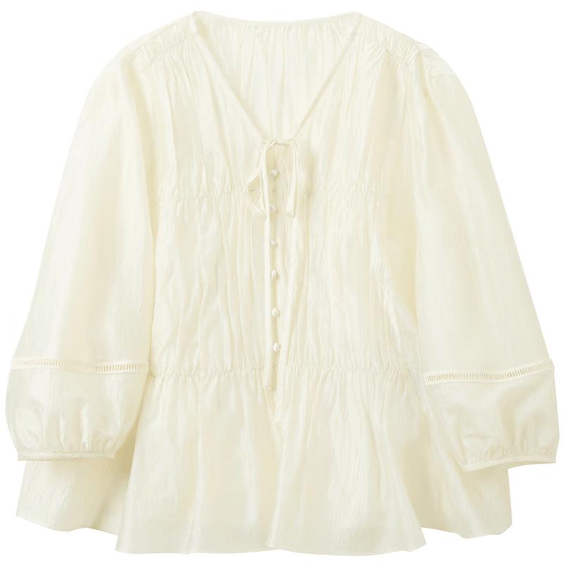 SANCITY Acetate Pleated V-Neck Lantern Sleeve Top M